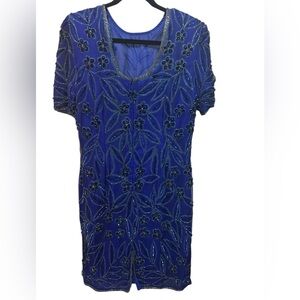 STENAY Sears Vintage Beaded Sequin Silk Cocktail Dress Blue Size Large NWT Sz L
